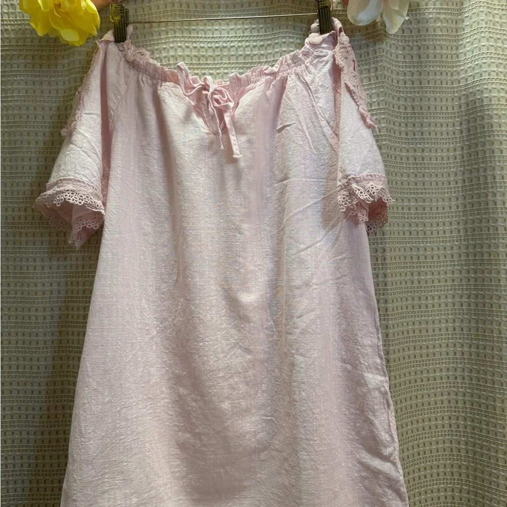 Women's Pink Off-Shoulder Lace Trim Nightgown - Picture 8 of 10